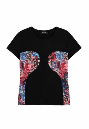 Tricou negru cu mâneci scurte, cu panouri cu model floral în roșu, albastru și roz. Material neted, cu decolteu rotund și accente curbate.