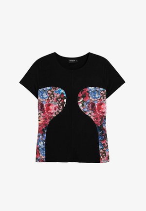 Tricou negru cu mâneci scurte, cu panouri cu model floral în roșu, albastru și roz. Material neted, cu decolteu rotund și accente curbate.