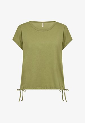 Lühikeste varrukatega oliivroheline T-särk ümmarguse kaelusega ja reguleeritava nööriga äärisega. Pehme, kerge materjal, millel on sile tekstuur.