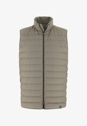 Gewatteerd, mouwloos vest in olijfgroen, met horizontale stiksels, hoge kraag en ritssluiting aan de voorkant.