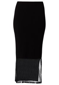 Jupe crayon noire avec taille élastique et panneau en mesh transparent à l'ourlet, longueur genou, silhouette droite.
