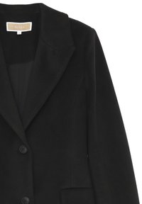 Cappotto nero in lana con colletto a revers, due bottoni neri e un'etichetta beige visibile all'interno del collo con la scritta "KOCCA" taglia 12.