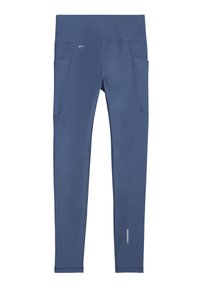 Leggings bleu marine avec une texture lisse, taille haute et deux poches latérales. Présente un logo DRY-CELL et des accents blancs minimalistes.