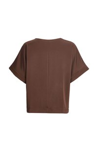 Haut marron à manches courtes avec manches retroussées et ourlet droit, vu de dos sur fond blanc.