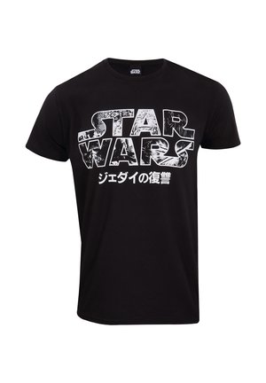Sort T-shirt lavet af bomuld, der har et stort hvidt "STAR WARS" logo med et struktureret design, suppleret med japanske tegn nedenfor.