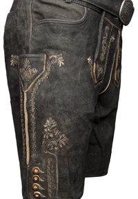 Black leather lederhosen with intricate light embroidery and a side pocket. Features decorative buttons along the hem and a textured finish.