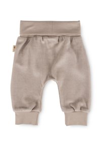 Beige Kleinkinderhose aus weicher Baumwolle. Verfügt über einen breiten, elastischen Bund und geraffte Bündchen für einen bequemen Sitz. Kein Muster vorhanden.