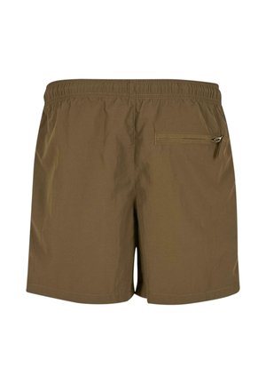 Hnědé plavky vyrobené z lehkého materiálu s elastickým pasem, s kapsou na zip na zadní straně a rovným lemem.