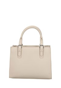 Borsa a mano in pelle beige con due manici, forma rettangolare, superficie testurizzata e hardware in tonalità argento alle attacchi dei manici.