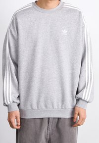 Grå sweatshirt i bomullsblandning, med vita tre-rands detaljer på ärmarna, rund hals, samt ribbade mudd och nederkant.