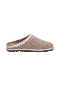 Brown felt slip-on slipper with light beige trim and dark sole, designed for indoor comfort.