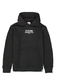Sudadera negra hecha de tela, con un bolsillo frontal, capucha con cordón y texto blanco "PERSPECTIVA DEL FUTURO" en el pecho.