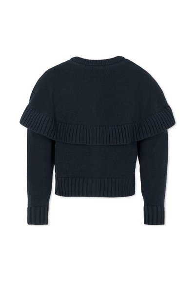Ciemnogranatowy sweter dzianinowy z długimi rękawami i szerokim, żeberkowym, warstwowym wykończeniem w postaci falbanki na górnej części pleców i ramionach.