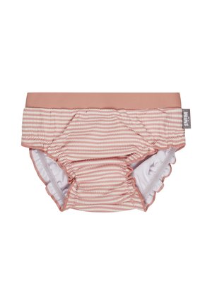 Baby-Schwimmwindel in rosa und weiß gestreift mit durchgehendem rosa elastischem Bund und Rüschen an den Beinöffnungen, mit Etikett an der Seite.