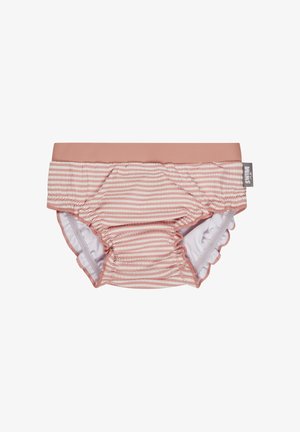 Baby-Schwimmwindel in rosa und weiß gestreift mit durchgehendem rosa elastischem Bund und Rüschen an den Beinöffnungen, mit Etikett an der Seite.