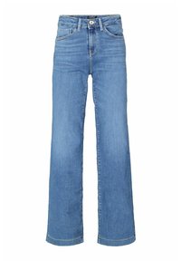 Blaue hoch taillierte Jeans aus Denim mit weitem Bein, frontaler Knopf- und Reißverschluss sowie fünf Taschen.