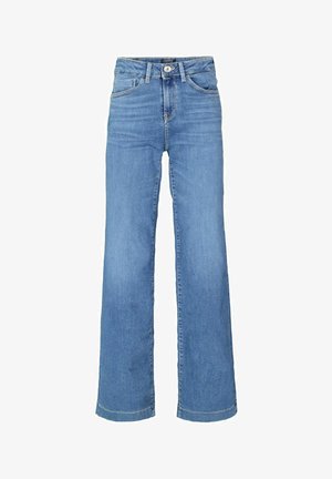 Blaue hoch taillierte Jeans aus Denim mit weitem Bein, frontaler Knopf- und Reißverschluss sowie fünf Taschen.