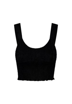 Black cropped top made from textured fabric with a ruched design. Features wide straps and a slightly frilled hem along the bottom.