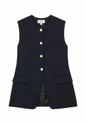 Chaleco entallado azul marino sin mangas con escote redondo, botones delanteros dorados, bolsillos con solapa en las caderas y un bolsillo de ojal en el pecho.