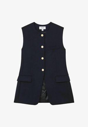 Mouwloos marineblauw getailleerd vest met ronde halslijn, gouden knopen aan de voorkant, klepzakken bij de heupen en een borstzak met bies.
