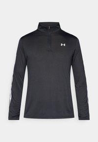 Μαύρο αθλητικό τοπ με μακριά μανίκια και φερμουάρ μέχρι το στήθος, διακοσμημένο με λευκό λογότυπο και κείμενο κατά μήκος των μανικιών. Λείο, ελαφρύ ύφασμα.