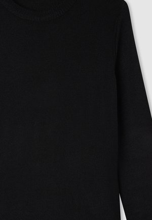 Maglione nero a maglia con scollatura rotonda, tessuto testurizzato e maniche lunghe. Presenta un design semplice senza fantasie o decorazioni.