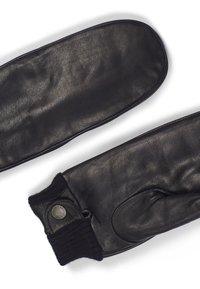 Svarta lädervantar med ribbade stickade manschetter, med en cirkulär metallaxcent och slät yta. Kombination av hållbart material och design.