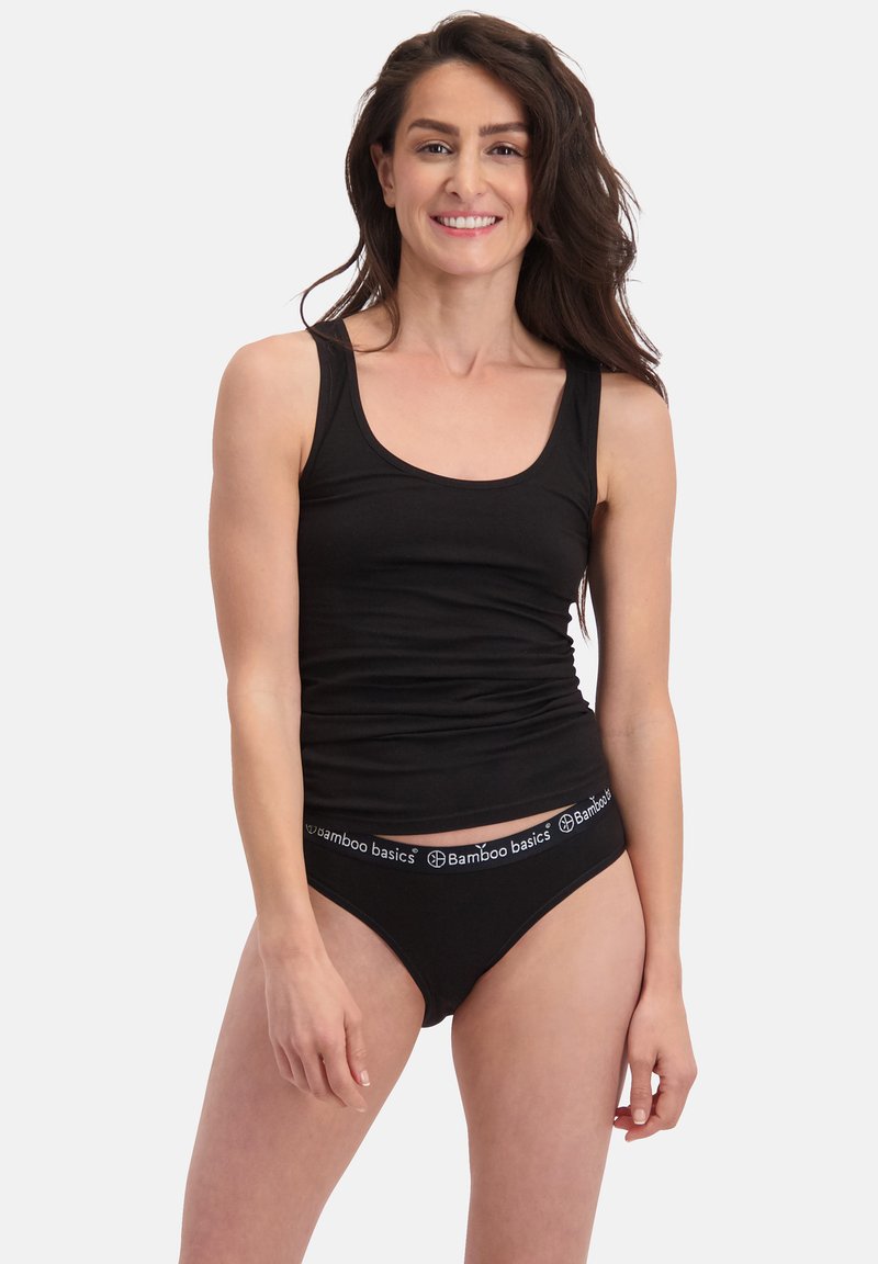 Black tank top with a rounded neckline and fitted design, paired with matching black bikini bottoms featuring a logoed waistband.