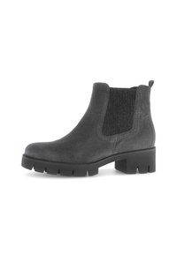 Bottine Chelsea en suede gris foncé avec panneau latéral élastique noir, semelle crantée et petit talon carré.