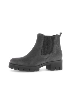 Dark gray suede Chelsea ankle boot with black elastic side panel, lug sole, and low block heel.