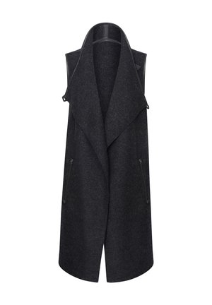 Veste sans manches en laine gris foncé avec larges revers, devant ouvert et poches latérales zippées, longueur genou avec ourlet droit.