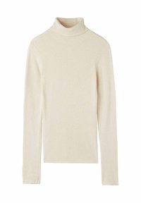 Cremfarbener Rollkragenpullover, gerippte Textur, lange Ärmel, figurbetontes Design, weiches Material und hoher Kragen. Keine Muster oder Akzente erkennbar.