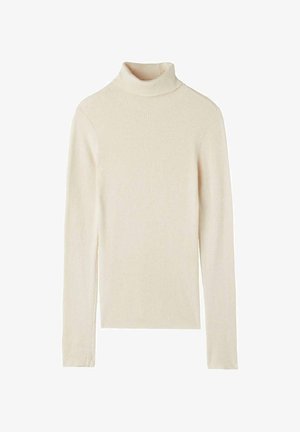 Cream turtleneck sweater, ribbed texture, long sleeves, fitted design, soft material, and a high neck. No patterns or accents noted.