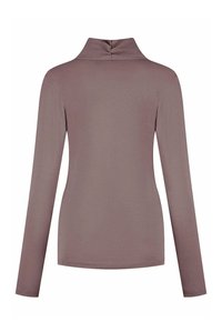 Langärmliges Oberteil in gedämpften Mauve, mit einem ausgestellten Kragen und einem glatten, dehnbaren Stoff, der eine figurbetonte Silhouette bietet.