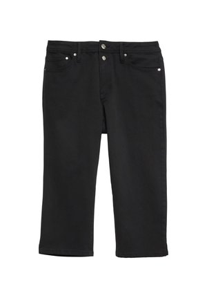 Czarne skrócone jeansy z denimu z zapięciem na guziki z przodu, szlufkami na pasek i konstrukcją z pięcioma kieszeniami, ułożone płasko na białym tle.