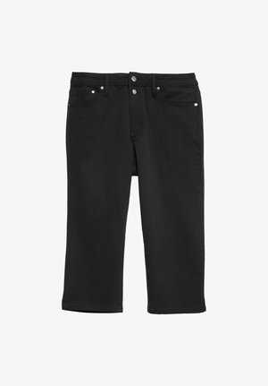 Jean court en denim noir avec fermeture à boutons à l'avant, passants de ceinture et design à cinq poches, posé à plat sur fond blanc.