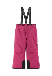 Rosa wasserdichte Hose mit verstellbaren schwarzen Hosenträgern, einem Druckknopfverschluss und schwarzen Akzenten an den Unterschenkeln. Glatte Textur, strapazierfähiges Material.