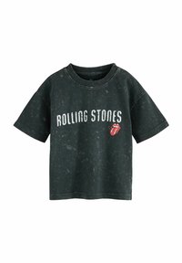 T-paita tummanvihreää puuvillaa, lyhyet hihat, pyöreä pääntie, kulunut pinta, "ROLLING STONES" tulostettuna valkoisella ja punainen kielilogo yksityiskohtana.