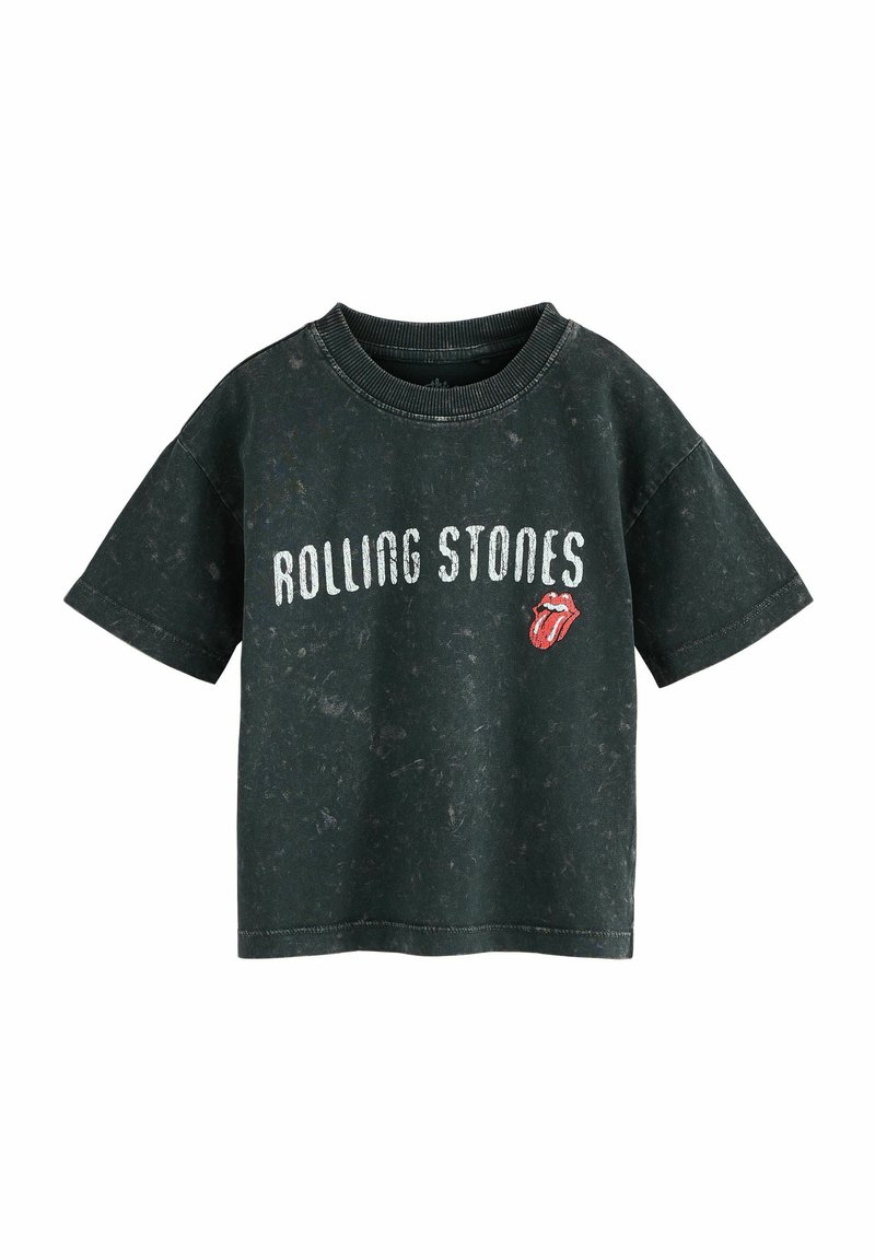 T-paita tummanvihreää puuvillaa, lyhyet hihat, pyöreä pääntie, kulunut pinta, "ROLLING STONES" tulostettuna valkoisella ja punainen kielilogo yksityiskohtana.