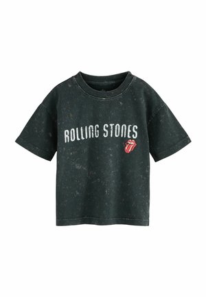 Tume roheline puuvillane T-särk lühikeste varrukatega, ümar kaelus, kulunud tekstuur, valgete tähtedega prinditud "ROLLING STONES" ja punane keele logo detail.