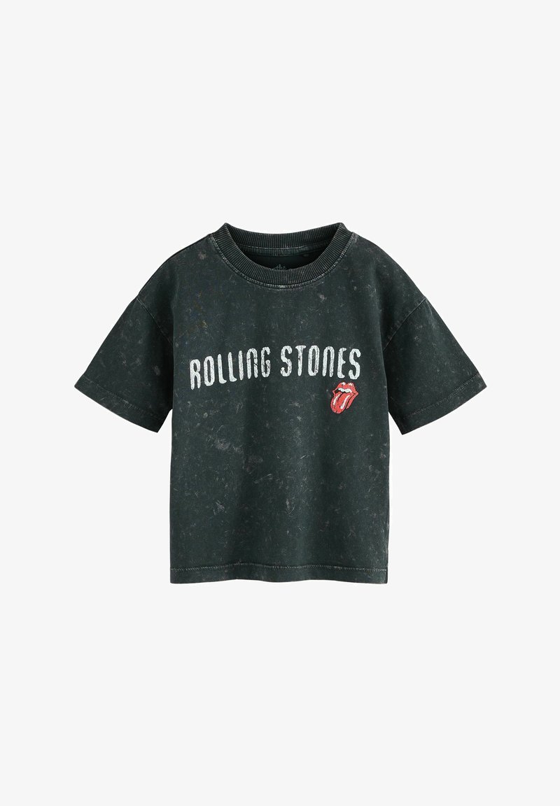 Tume roheline lühikeste varrukatega T-särk, millel on kiri "ROLLING STONES" ja ikooniline keelelogo. Tekstuuriga kangas, millel on pleekinud ja kulunud välimus.