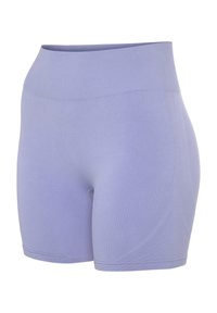 Lila sportieve shorts met een brede ribbels waistband, voorzien van textuurgebieden en gladde stof, ontworpen voor comfort en beweging.