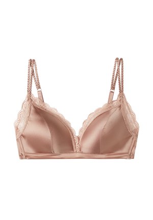 Lichtroze satijnen bralette met kantafwerking, verstelbare gevlochten schouderbandjes en driehoekige cups. Gladde textuur met golvende randen.
