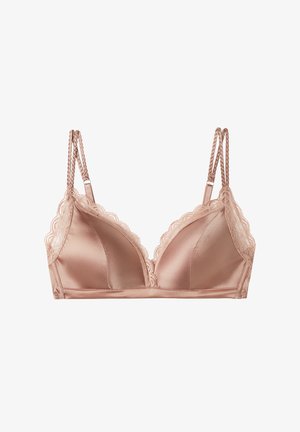 Bralette en satin rose pâle avec dentelle, bretelles réglables en tresse et bonnets triangulaires. Texture lisse avec bords festonnés.