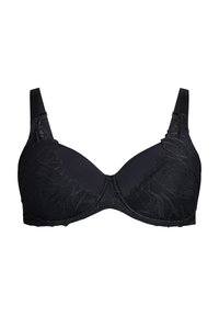 Reggiseno nero imbottito con dettagli in pizzo sulle coppe e sulle spalline. Base in tessuto liscio con un design a bordo ondulato e spalline regolabili.