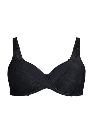 Čierna vystužená podprsenka s čipkovými detailmi na pohároch a ramienkach. Hladká tkanina s falbálkom a nastaviteľnými ramienkami.