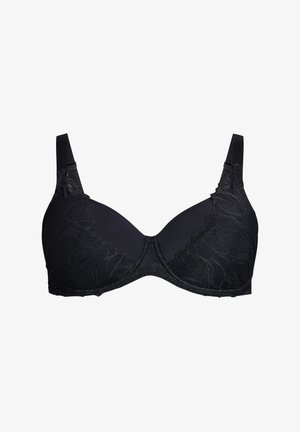 Čierna vystužená podprsenka s čipkovými detailmi na pohároch a ramienkach. Hladká tkanina s falbálkom a nastaviteľnými ramienkami.