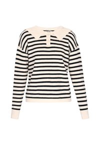 Sweter w paski w kolorach czarnym i kremowym, z prążkowanymi mankietami oraz teksturowanym, szerokim kołnierzem z trzema guzikami przy dekolcie.