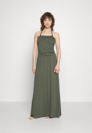 Olive green maxi dress with a fitted bodice and flowy skirt. Features thin straps and a gathered waist design. Smooth, soft fabric texture.