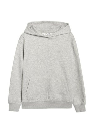 Jasnoszara bluza z kapturem typu pullover z przednią kieszenią kangura i prążkowanymi mankietami, wykonana z miękkiego materiału, pokazana na płasko na białym tle.